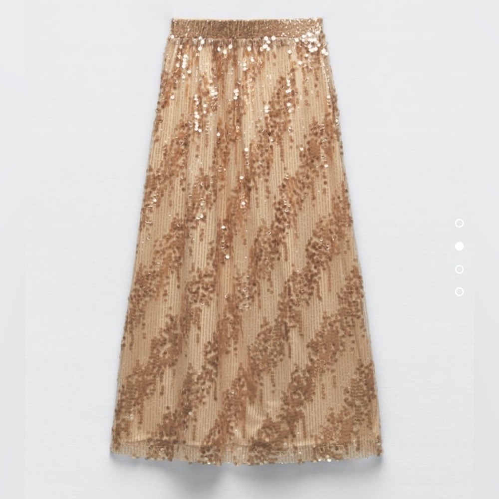 Zara New Gold High Waist Christmas‎ Long Sequin Skirt Size L A-Line Silhouette - Picture 3 of 14